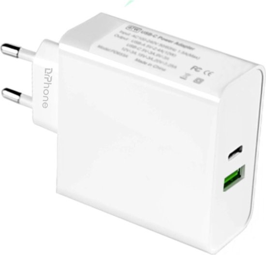 DrPhone XPC2 65 Watt Power Oplader – 2 Poorten PD 3.0 Snel Lader – Geschikt voor Smartphones / Laptop / Tablet - Wit van DrPhone