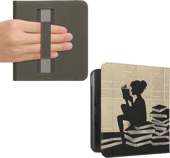 E-reader hoesje - Ereader cover - Bescherming apparaat - Met handgreep - Kobo Libra Colour - Zwart/beige
