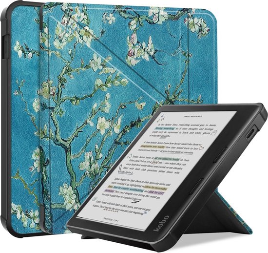 e-Reader Hoesje Origami Book Case met Wake/Sleep-functie - Kobo Libra Colour Hoesje - Bloesem van Mobigear