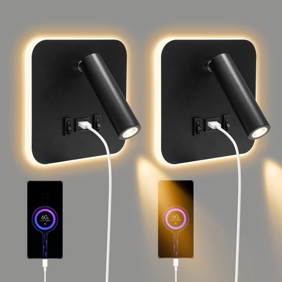 Een set van 2 LED-wandlampen voor binnen, bestaande uit een leeslamp met schakelaar, 360° draaibaar, een bedlamp van 3000K en een verstelbare spot (zwart). van Linstex