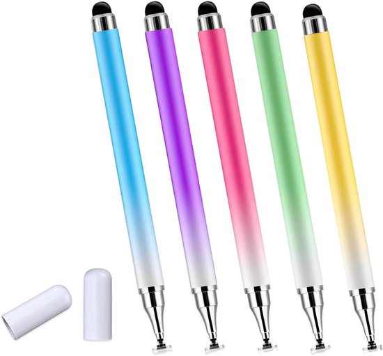 Een set van 5 2-in-1 stylussen, compatibel met diverse tablets, die een hoge gevoeligheid en nauwkeurige aanraakbediening bieden van Merkloos