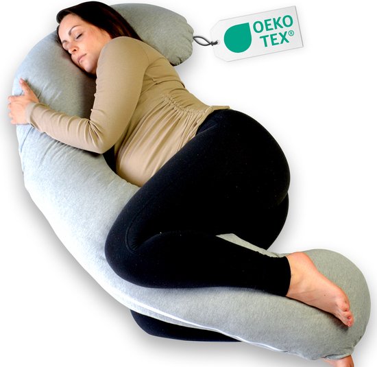 Ella Zwangerschapskussen XXL J-vorm - Zijslaapkussen - Lichaamskussen - Voedingskussen - Body Pillow - 155cm - Afneembare Jersey Katoenen Hoes - Lichtgrijs van Ella®