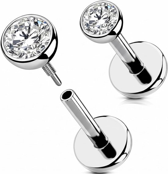 F136 labret piercing set van 2 ronde / ster zirkoon 16G 18G helix tragus oorstekers binnendraad met lange schroefdraad flatback kraakbeen lippiercing zilveren sieraden