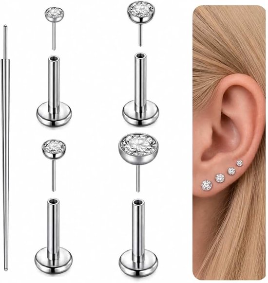 F136 Labret Piercing Set van 4 Threadless 20G 18G Helix Tragus Oorstekers Zonder Schroefdraad Bezel Zirkoon Platte Achterkant Neuspiercing met Invoernaald Zilver Sieraden