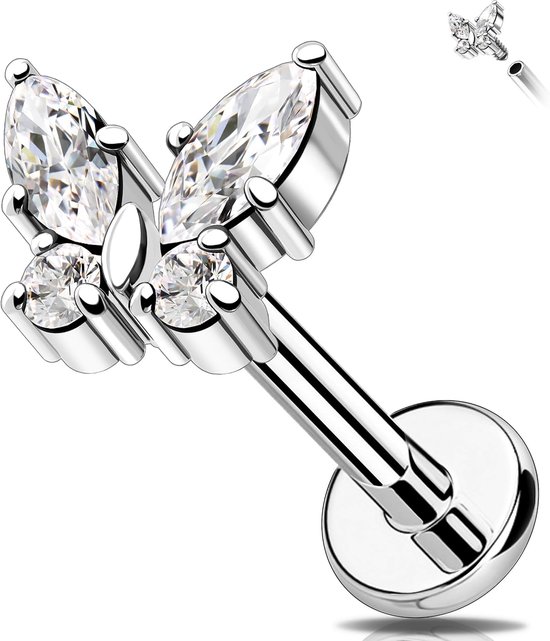G23 Titanium Kraakbeen Oorbel Intern Schroefdraad Labret Stud Vlinder Helix Oorbellen Lob Earring CZ Platte Terug Oorbel 16G Tragus Piercing Sieraden