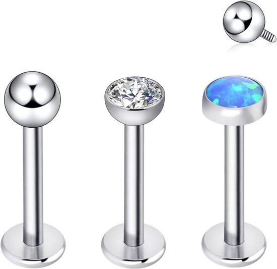 G23 titanium labret lippiercing steker 8MM 16G Medusa Monroe CZ opaal barbell tragus helix lip piercing, Opaal Zirkonia