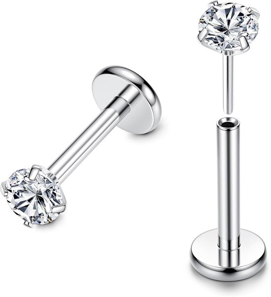 G23 Titanium Lip Piercing Neus Stud 16G 20G Schroefdraad Push In Medusa Piercing CZ Opaal Flat Piercing oor 6/8MM Helix Piercings Zilver Helix Conch Labret Tragus Neus Piercing Sieraden