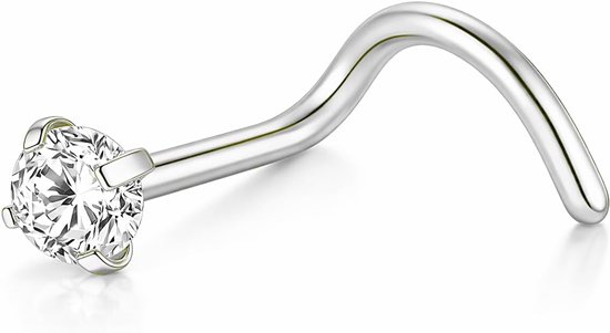 G23 ZILVERKLEUREN Neuspiercing EEN GEGRATIS zirkonia kristal strasssteen gezet wit helder neusgat neuspiercing gebogen S-vorm spiraal neus studs neus titanium ASTM F136