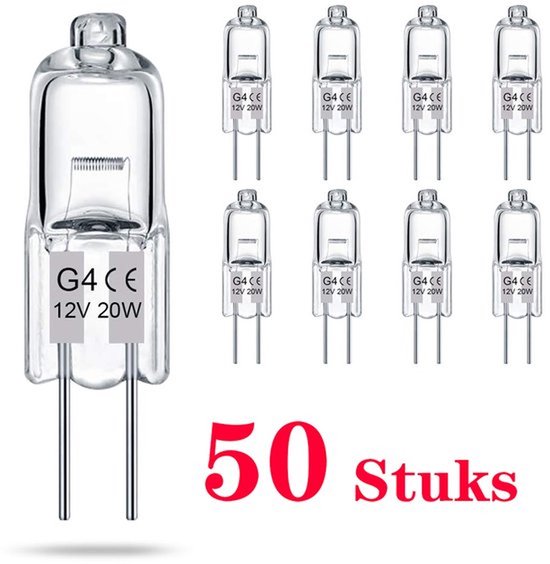 G4-lamp (50 Stuks) Kristalheldere Halogeenlamp 2-pins 12V 20W JC T3 Bi-pins G4-fitting Dimbaar 2700K Warmwit 2-pins Lamp Voor Onderkastverlichting, Kroonluchters En Tuinverlichting van Merkloos
