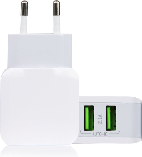 Gecertificeerde Dubbele USB Stekker Oplader met 2 Poorten - 2.1A - Geschikt voor GSM, Smartphone, Tablet, Camera, Speaker, Powerbank van Lioncast