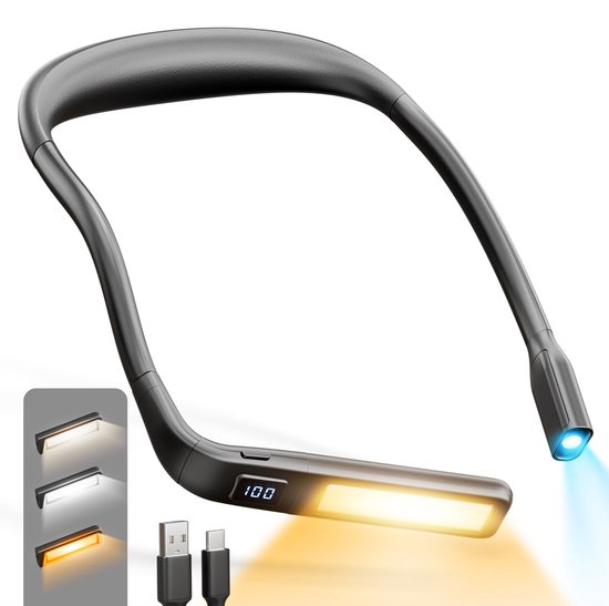 Gloovon® - Neklamp - Leeslampje voor Boek - Boeklampje - Nek lamp oplaadbaar - Bureaulamp - Leeslampje voor in Bed - 3 Kleuren Licht - Dimbaar - Flexibel - Timer - Zwart van Merkloos