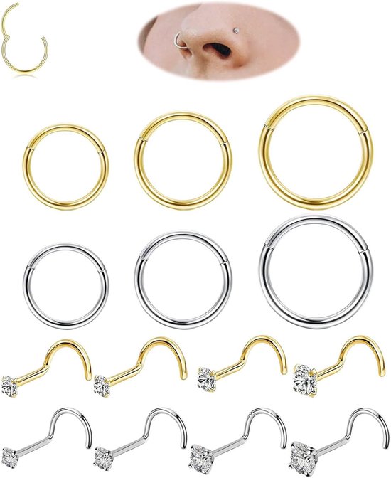 Goud, 14 stuks Neusring en Neuspiercing Steker, 20G Neus Studs van 316L Chirurgisch Staal met CZ, Hypoallergene Piercingsieraden (Zilver en Goud)