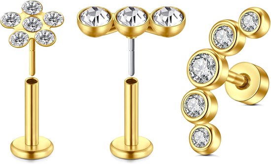 Gouden Kraakbeen Helix Oorbellen Voor Vrouwen CZ 16G Rvs 6mm Tragus Conch Labret Oor Piercing Sieraden