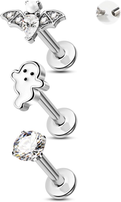 Halloween Platte Terug Oorbellen 3 STKS Kraakbeen Studs Bat Helix Oorbellen Intern Schroefdraad Neus Stud Tragus Piercing Sieraden
