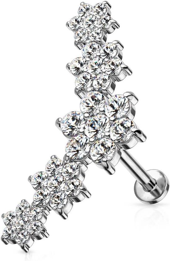 helix piercing chirurgisch staal 316L 1,2 mm bloemen zirkonia oor tragus grootte kleur naar keuze goud rose zilver glitter kristal steen sieraden lip