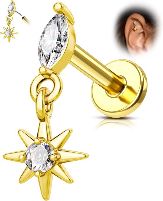 Helix Piercing Sieraden 316l Chirurgisch Staal 16G Conch Tragus Stud Gold Labret Lip Piercing Sieraden Ster 8 6 mm Schroefloos Voorwaarts Kraakbeen Oorbellen Stud voor Vrouwen