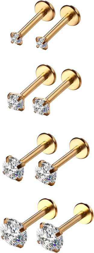 Helix Piercings neuspiercing lippiercing: 4 paar 316L chirurgisch staal kraakbeen oorstekers set met zirkonia hypoallergeen labret tragus oor conch piercing 2/3/4/5mm dames goud, Zirkonia