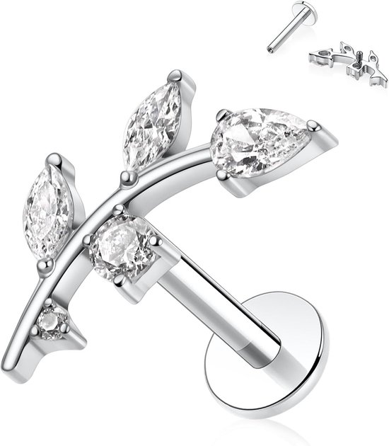 Hengkaixuan 16G G23 titanium platte achterkant labret studs binnendraad lippen studs tragus piercing Monroe Medusa lippiercing zilver lobe kraakbeen conch oorbel sieraden 6 8 10 mm, Metaal, Edelsteen