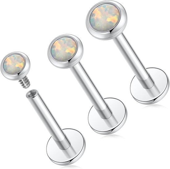 hengkaixuan 3 stuks opaal labret oorstekers 16G lippiercing G23 titanium tragus conch oorbel met binnendraad labret sieraden kraakbeen helix piercing Medusa sieraden 6/8/10 mm