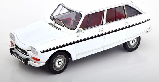 Het 1:18 gegoten model van de Citroen Ami Super uit 1974 in het wit. De fabrikant van het schaalmodel is Norev. Dit model is alleen online verkrijgbaar van Norev