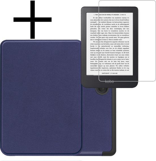 Hoes Geschikt voor Kobo Clara 2E Hoesje Bookcase Cover Book Case Hoes Sleepcover Met Screenprotector - Donkerblauw van Caselogy.