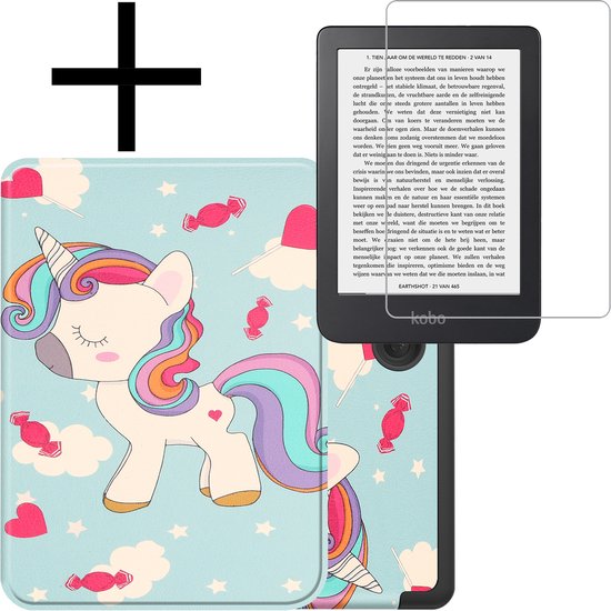 Hoes Geschikt voor Kobo Clara 2E Hoesje Bookcase Cover Book Case Hoes Sleepcover Met Screenprotector - Eenhoorn van Merkloos