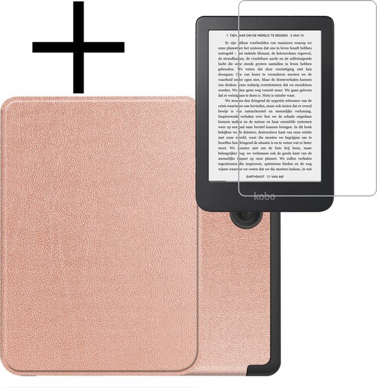 Hoes Geschikt voor Kobo Clara 2E Hoesje Bookcase Cover Book Case Hoes Sleepcover Met Screenprotector - Rosé Goud van Slimbinseed