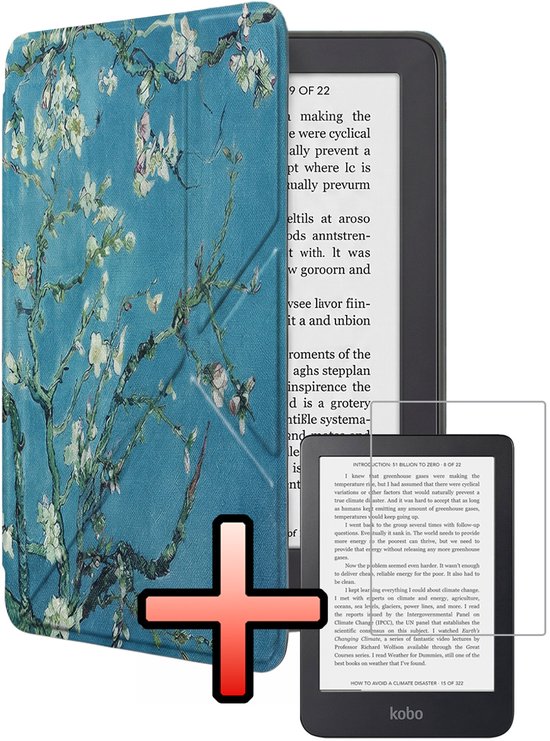 Hoes Geschikt voor Kobo Clara 2E Hoesje Bookcase Cover Book Case Hoes Sleepcover Trifold Met Screenprotector - Bloesem