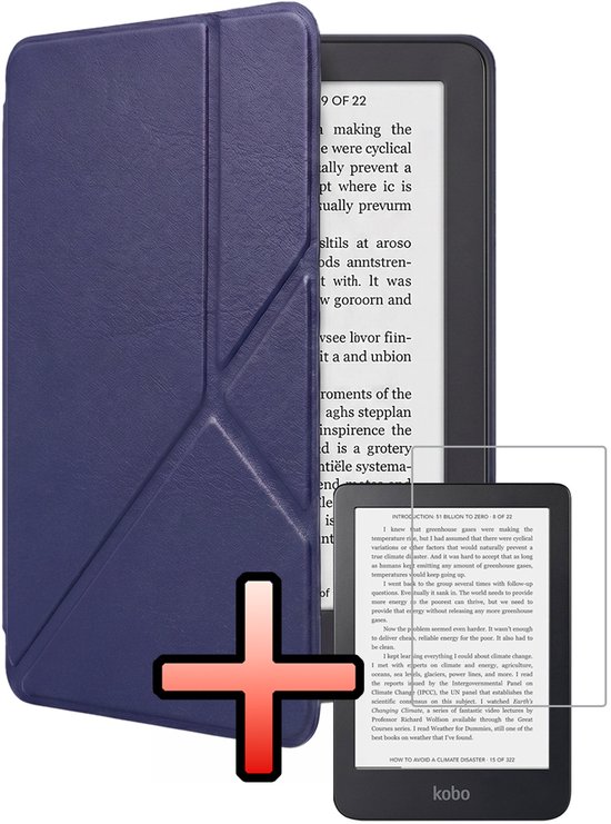 Hoes Geschikt voor Kobo Clara 2E Hoesje Bookcase Cover Book Case Hoes Sleepcover Trifold Met Screenprotector - Donkerblauw