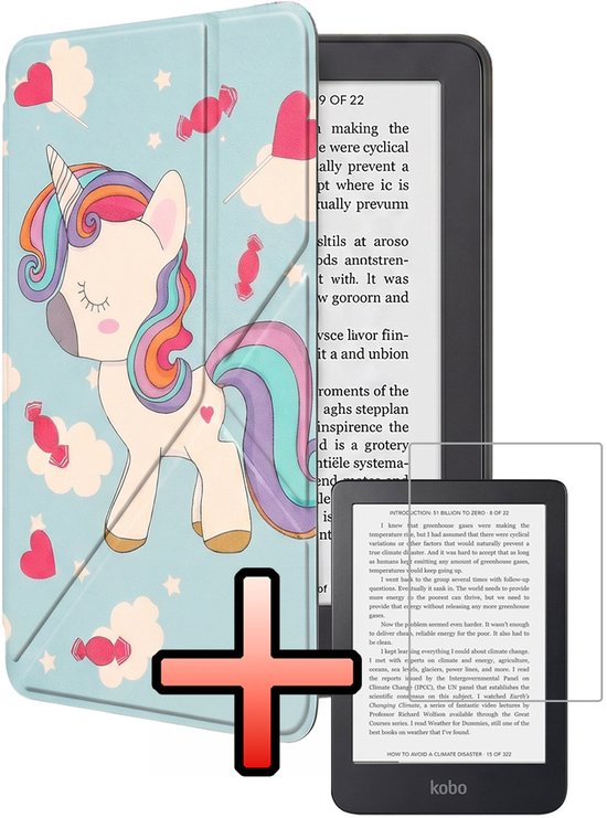 Hoes Geschikt voor Kobo Clara 2E Hoesje Bookcase Cover Book Case Hoes Sleepcover Trifold Met Screenprotector - Eenhoorn