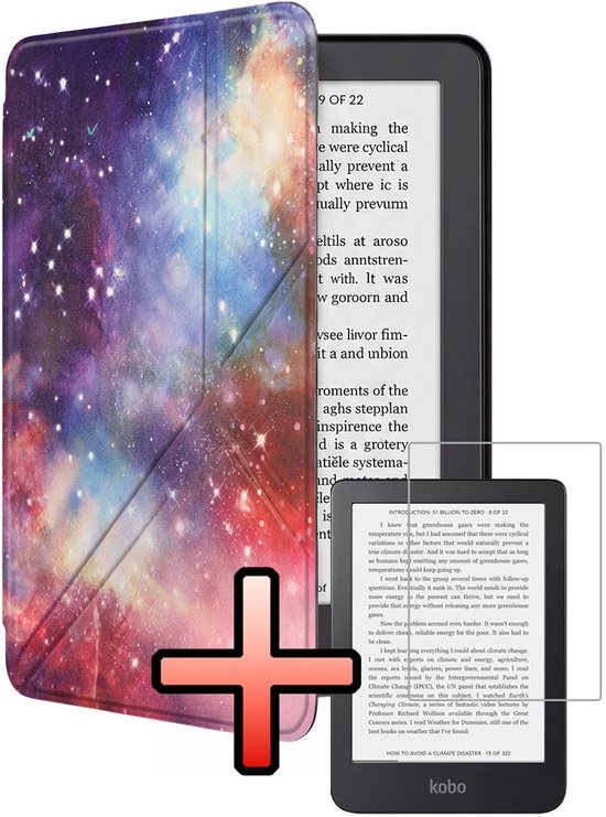 Hoes Geschikt voor Kobo Clara 2E Hoesje Bookcase Cover Book Case Hoes Sleepcover Trifold Met Screenprotector - Galaxy