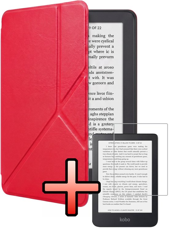 Hoes Geschikt voor Kobo Clara 2E Hoesje Bookcase Cover Book Case Hoes Sleepcover Trifold Met Screenprotector - Rood