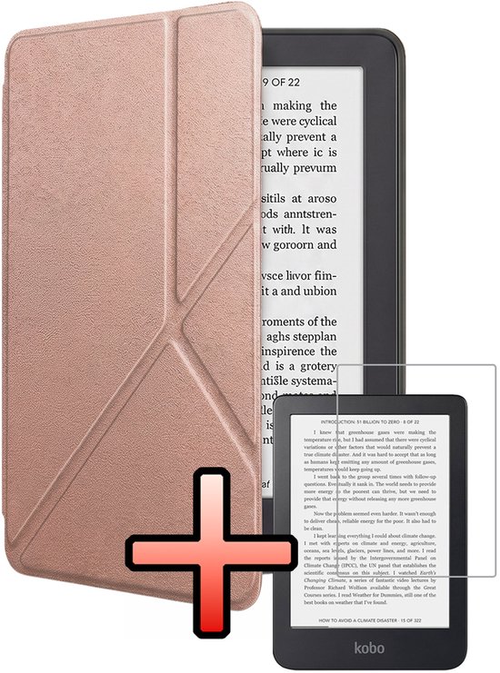 Hoes Geschikt voor Kobo Clara 2E Hoesje Bookcase Cover Book Case Hoes Sleepcover Trifold Met Screenprotector - Rosé Goud