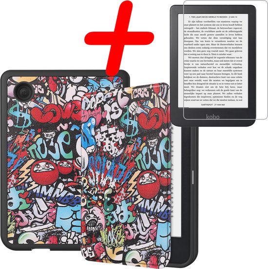 Hoes Geschikt voor Kobo Clara 2E Hoesje Bookcase Cover Hoes Met Screenprotector - Hoesje Geschikt voor Kobo Clara 2E Hoes Cover Case - Graffity van Eposolar