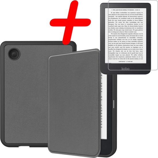 Hoes Geschikt voor Kobo Clara 2E Hoesje Bookcase Cover Hoes Met Screenprotector - Hoesje Geschikt voor Kobo Clara 2E Hoes Cover Case - Grijs van MMOBIEL