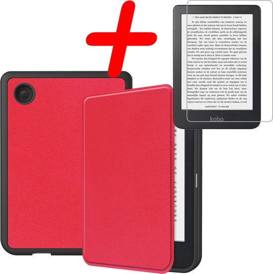 Hoes Geschikt voor Kobo Clara 2E Hoesje Bookcase Cover Hoes Met Screenprotector - Hoesje Geschikt voor Kobo Clara 2E Hoes Cover Case - Rood van Filoxton