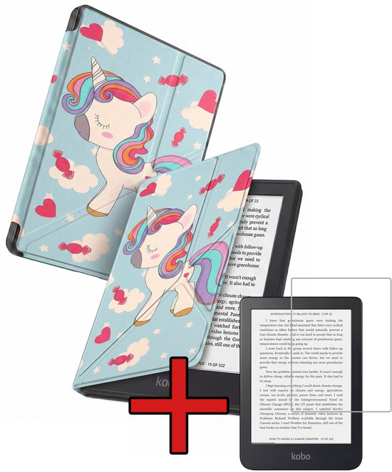 Hoes Geschikt voor Kobo Clara 2E - Met Screenprotector - Luxe E-reader Trifold Case - Bescherm Hoesje Book Cover - Eenhoorn