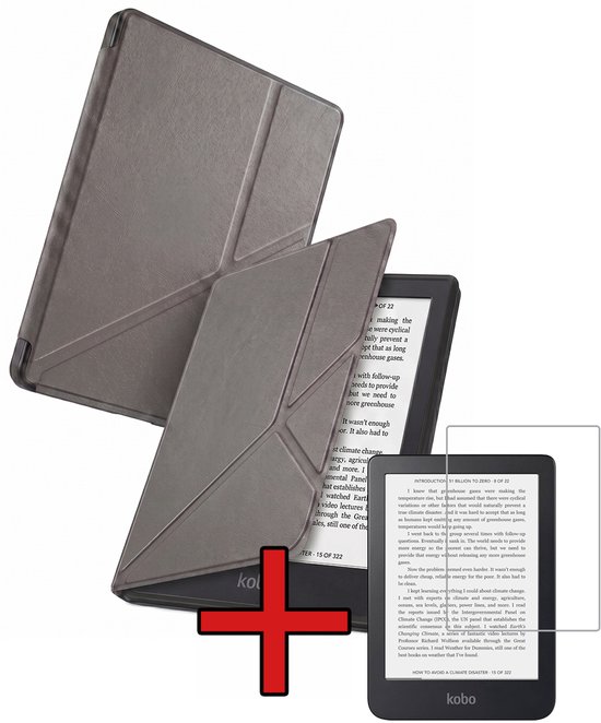 Hoes Geschikt voor Kobo Clara 2E - Met Screenprotector - Luxe E-reader Trifold Case - Bescherm Hoesje Book Cover - Grijs