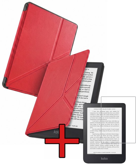 Hoes Geschikt voor Kobo Clara 2E - Met Screenprotector - Luxe E-reader Trifold Case - Bescherm Hoesje Book Cover - Rood
