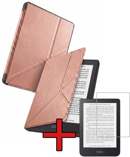 Hoes Geschikt voor Kobo Clara 2E - Met Screenprotector - Luxe E-reader Trifold Case - Bescherm Hoesje Book Cover - Rosé Goud