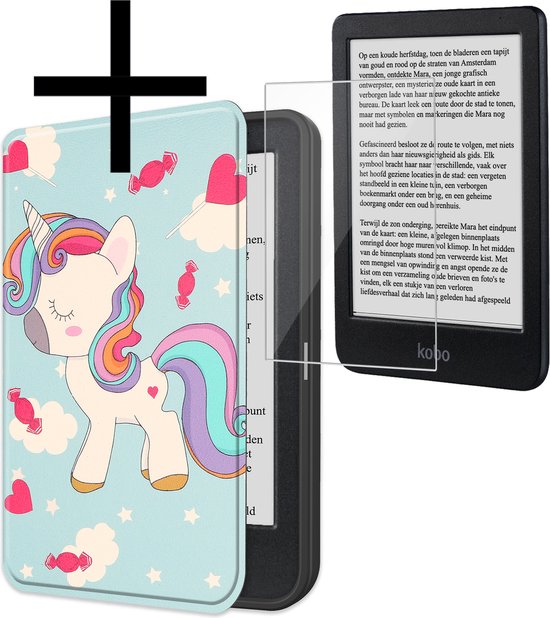 Hoes Geschikt voor Kobo Clara BW Hoesje Bookcase Cover Book Case Hoes Sleepcover Met Screenprotector - Eenhoorn van EZStore