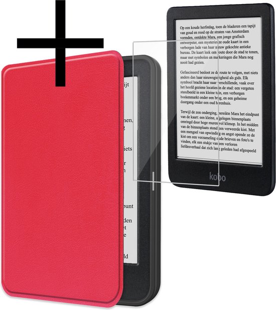 Hoes Geschikt voor Kobo Clara BW Hoesje Bookcase Cover Book Case Hoes Sleepcover Met Screenprotector - Rood van Magazijn22