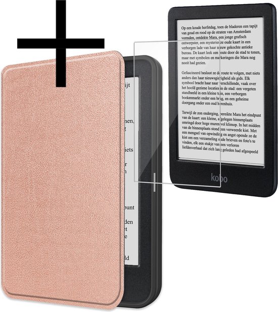 Hoes Geschikt voor Kobo Clara BW Hoesje Bookcase Cover Book Case Hoes Sleepcover Met Screenprotector - Rosé Goud van Case2go