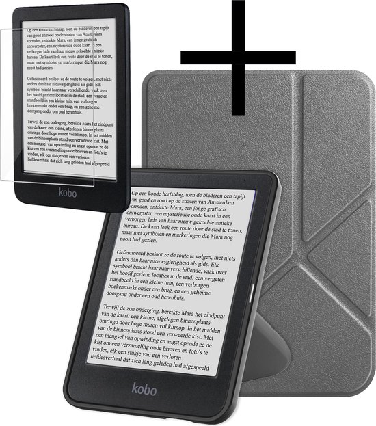 Hoes Geschikt voor Kobo Clara BW Hoesje Bookcase Cover Book Case Hoes Sleepcover Trifold Met Screenprotector - Grijs van BW.