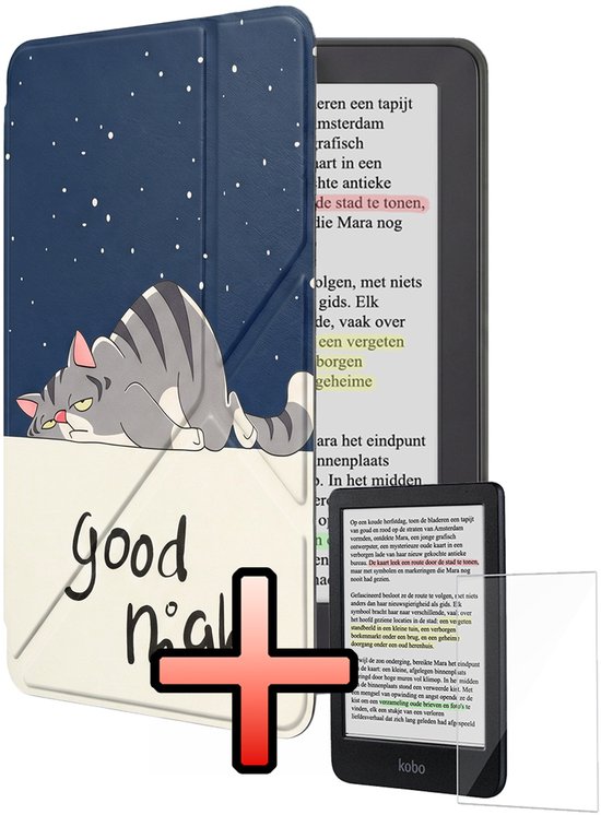 Hoes Geschikt voor Kobo Clara BW Hoesje Bookcase Cover Book Case Hoes Sleepcover Trifold Met Screenprotector - Kat