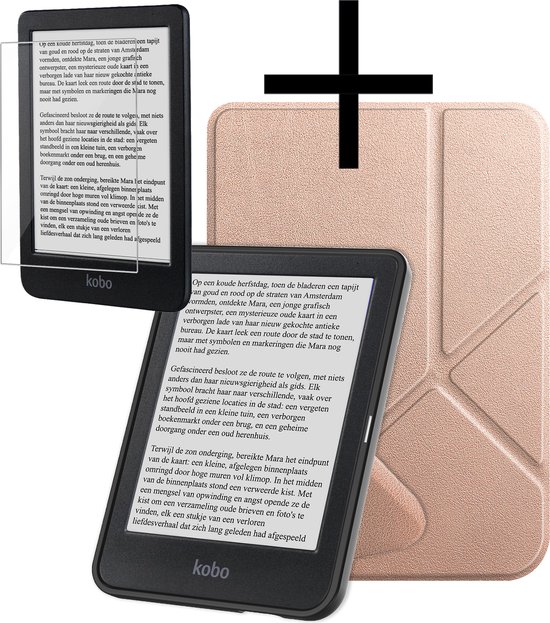 Hoes Geschikt voor Kobo Clara BW Hoesje Bookcase Cover Book Case Hoes Sleepcover Trifold Met Screenprotector - Rosé Goud van Fasroveu
