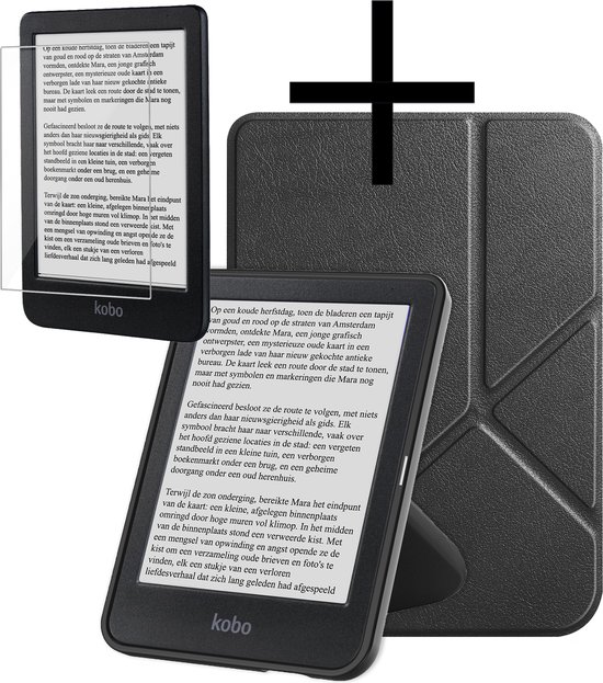Hoes Geschikt voor Kobo Clara BW Hoesje Bookcase Cover Book Case Hoes Sleepcover Trifold Met Screenprotector - Zwart van Merkado Basics