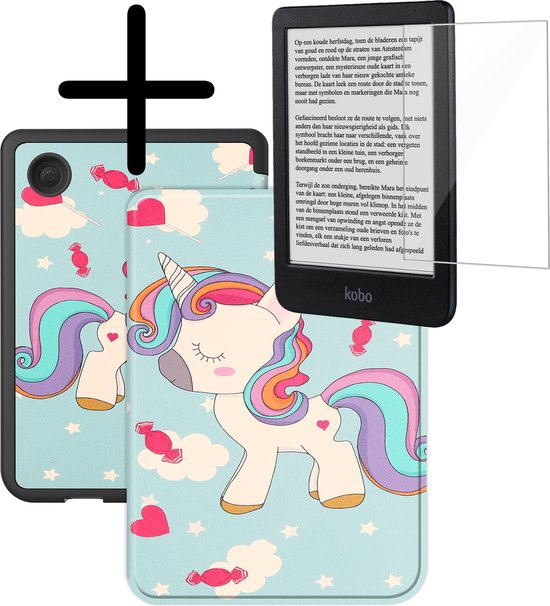 Hoes Geschikt voor Kobo Clara BW Hoesje Bookcase Cover Hoes Met Screenprotector - Hoesje Geschikt voor Kobo Clara BW Hoes Cover Case - Eenhoorn van Flapgrip