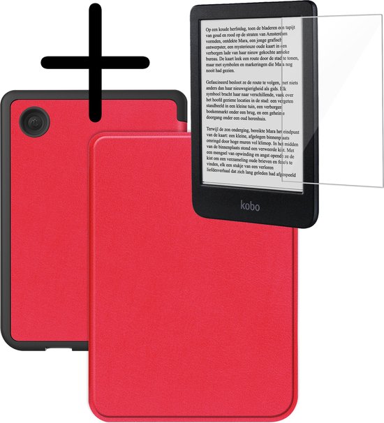 Hoes Geschikt voor Kobo Clara BW Hoesje Bookcase Cover Hoes Met Screenprotector - Hoesje Geschikt voor Kobo Clara BW Hoes Cover Case - Rood van E-carrier.geek