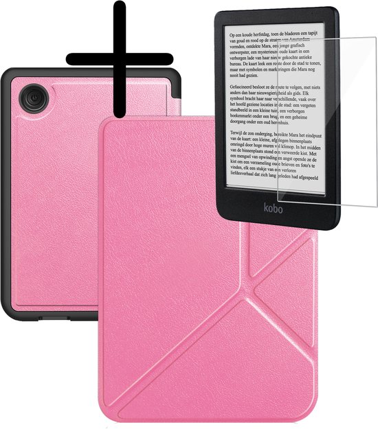 Hoes Geschikt voor Kobo Clara BW Hoesje Bookcase Cover Hoes Trifold Met Screenprotector - Hoesje Geschikt voor Kobo Clara BW Hoes Cover Case - Roze van Smartlife werken.